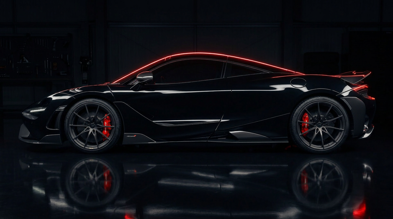 The same McLaren 720S after a full Polimax window tint, glass blacked out.